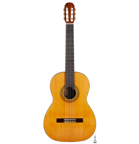 The front of a 2024 Vladimir Druzhinin classical guitar made with cedar and African rosewood.
