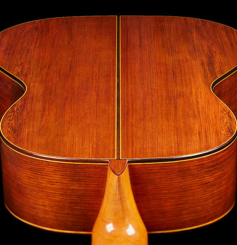 The back, sides and heel of a 2024 Vladimir Druzhinin classical guitar made with cedar and African rosewood.
