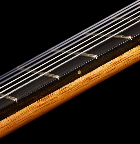 The neck and fingerboard of a 2024 Vladimir Druzhinin classical guitar made with cedar and African rosewood.