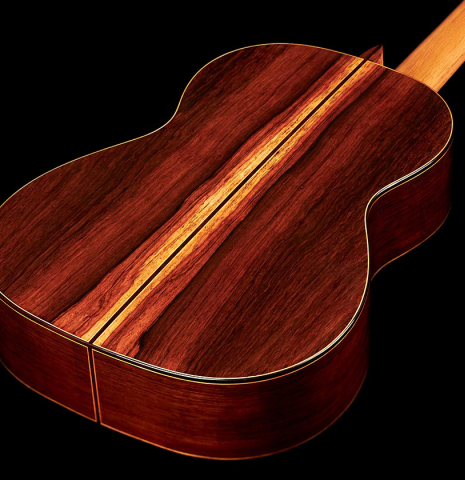 The back of a 2023 Vladimir Druzhinin classical guitar made with spruce and African rosewood.