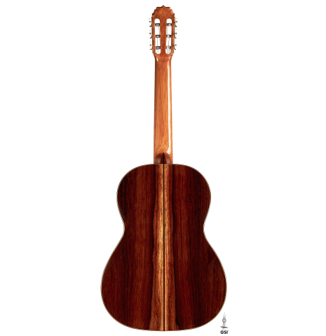 The back of a 2023 Vladimir Druzhinin classical guitar made with spruce and African rosewood.