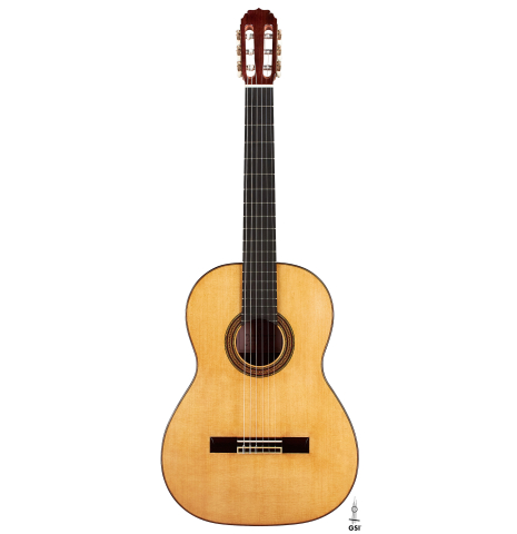 The front of a 2023 Vladimir Druzhinin classical guitar made with spruce and African rosewood.