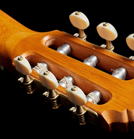 The neck and back of headstock of a 2025 Vladimir Druzhinin classical guitar made of spruce and African rosewood