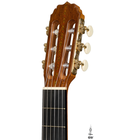The headstock of a 2026 Vladimir Druzhinin "Special" classical guitar made of spruce and African rosewood