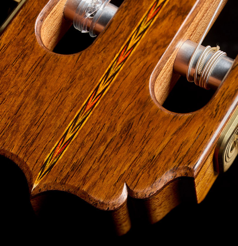 The headstock veneer with purflings of a 2026 Vladimir Druzhinin "Special" classical guitar made of spruce and African rosewood