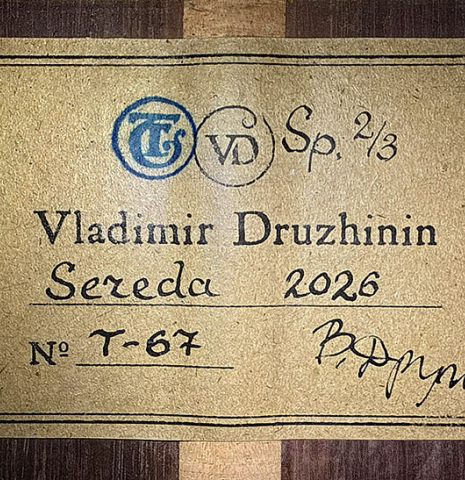 The label of a 2026 Vladimir Druzhinin "Special" classical guitar made of spruce and African rosewood