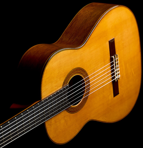 The fingerboard, top and side of a 2026 Vladimir Druzhinin "Special" classical guitar made of spruce and African rosewood