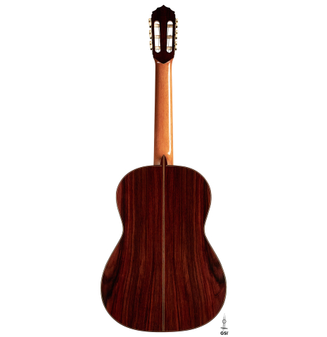The back of a 1994 Jeffrey Elliott classical guitar made with spruce and Indian rosewood.