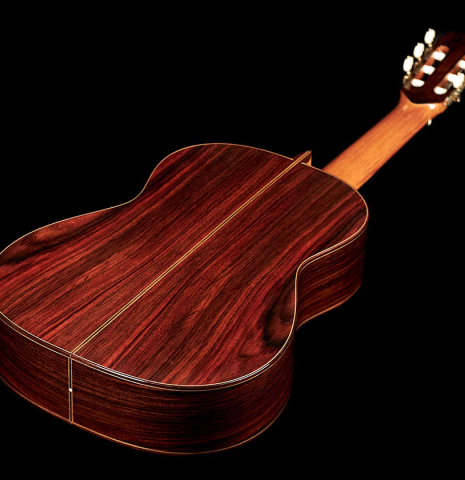 The back of a 1994 Jeffrey Elliott classical guitar made with spruce and Indian rosewood.