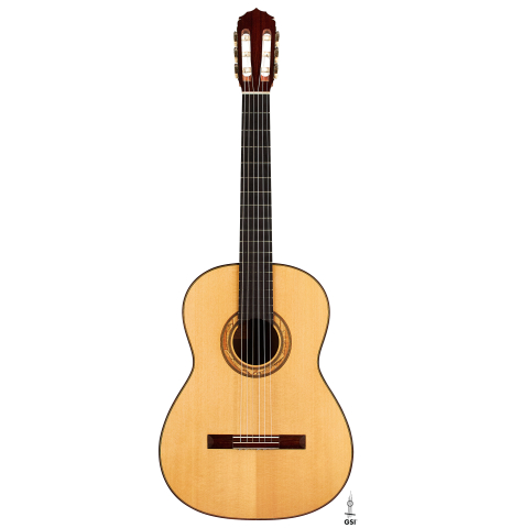 The front of a 1994 Jeffrey Elliott classical guitar made with spruce and Indian rosewood.