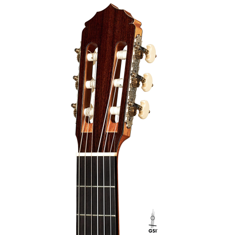 The headstock of a 1994 Jeffrey Elliott classical guitar made with spruce and Indian rosewood.