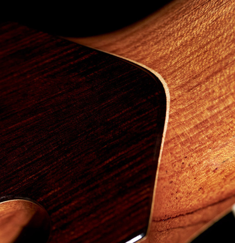 The headstock of a 1994 Jeffrey Elliott classical guitar made with spruce and Indian rosewood.