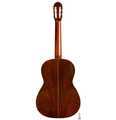 The back of a 1981 Jeffrey Elliott classical guitar made of spruce and CSA rosewood