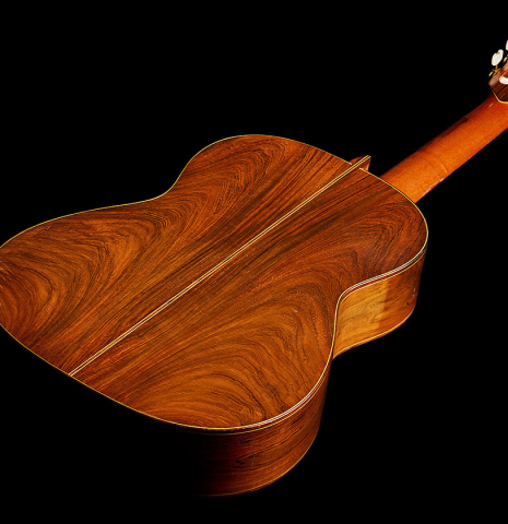 The back and sides of a 1981 Jeffrey Elliott classical guitar made of spruce and CSA rosewood