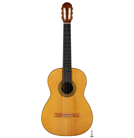 The front of a 1981 Jeffrey Elliott classical guitar made of spruce and CSA rosewood
