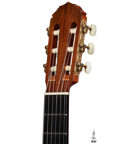 The headstock of a 1981 Jeffrey Elliott classical guitar made of spruce and CSA rosewood
