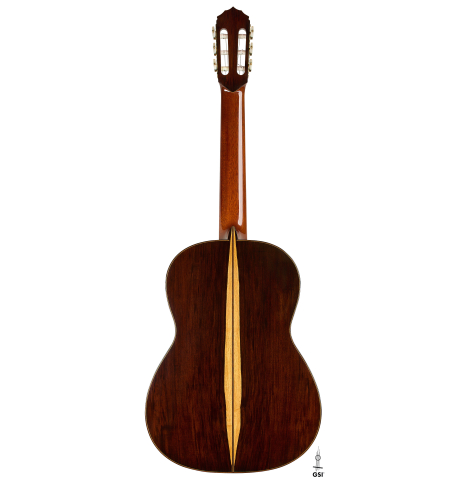 The back of a 1990 Jeffrey Elliott classical guitar made of spruce and African blackwood