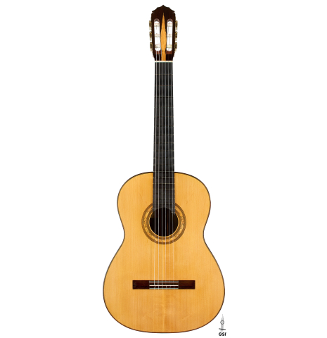 The front of a 1990 Jeffrey Elliott classical guitar made of spruce and African blackwood