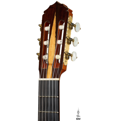 The headstock of a 1990 Jeffrey Elliott classical guitar made of spruce and African blackwood