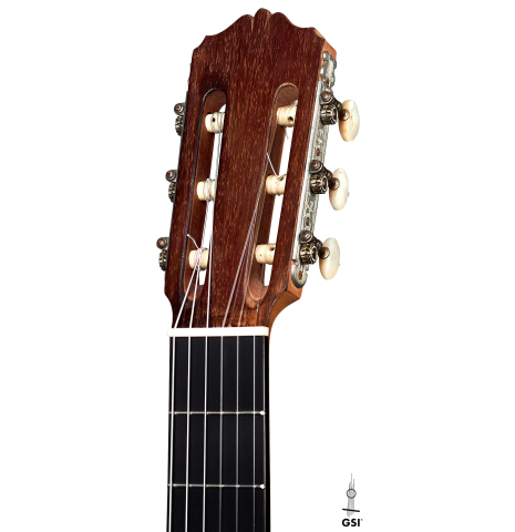 The headstock of a 1933 Domingo Esteso classical guitar made with spruce and CSA rosewood