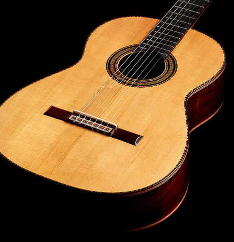 The soundboard of a 1933 Domingo Esteso classical guitar made with spruce and CSA rosewood
