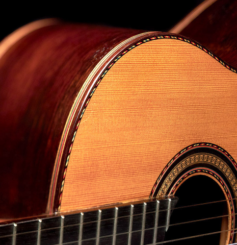 The front and side of a 1933 Domingo Esteso classical guitar made with spruce and CSA rosewood