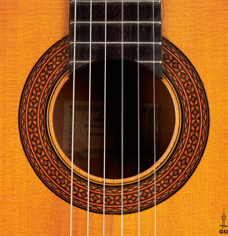 The rosette of a 1929 Domingo Esteso classical guitar made with spruce and cypress