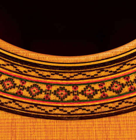 Close-up of the rosette a 1929 Domingo Esteso classical guitar made with spruce and cypress