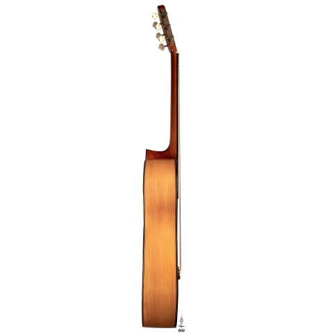 The side of a 1929 Domingo Esteso classical guitar made with spruce and cypress
