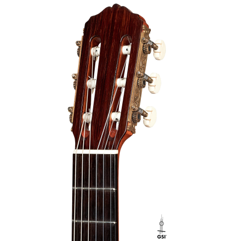 The headstock of a 1929 Domingo Esteso classical guitar made with spruce and cypress