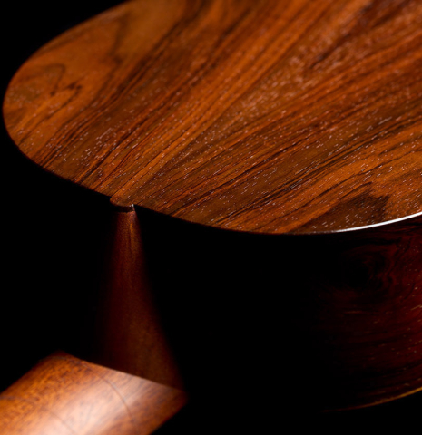 The heel, neck joint and back of a 2007 Lucian Faria "Baroque Guitar" made of spruce and CSA rosewoods