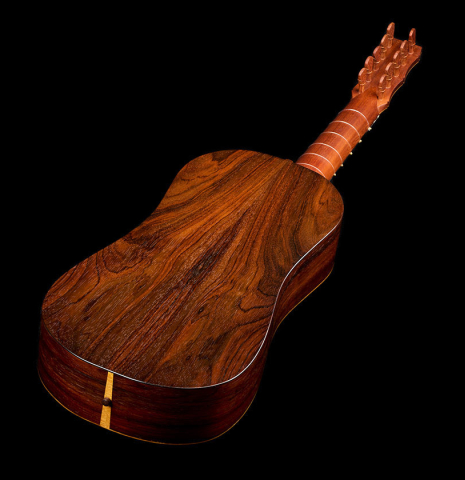 The back and sides of a 2007 Lucian Faria "Baroque Guitar" made of spruce and CSA rosewood