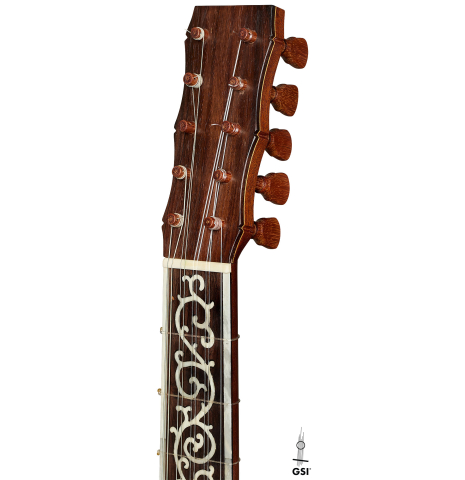 The headstock of a 2007 Lucian Faria "Baroque Guitar" made of spruce and CSA rosewood