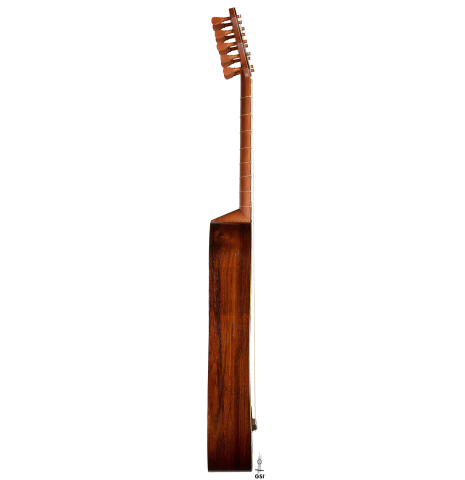 The side of a 2007 Lucian Faria "Baroque Guitar" made of spruce and CSA rosewood