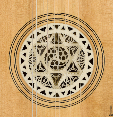 The "rose" rosette of a 2007 Lucian Faria "Baroque Guitar" made of spruce and CSA rosewood