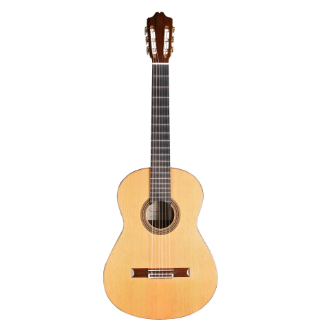 The front of a 2007 Antonio Raya Ferrer classical guitar made of cedar and Indian rosewood