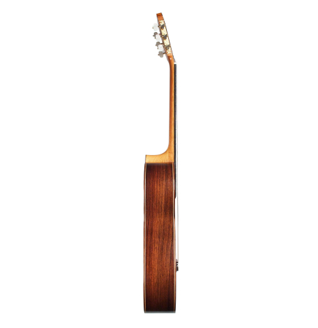 The side of a 2007 Antonio Raya Ferrer classical guitar made of cedar and Indian rosewood
