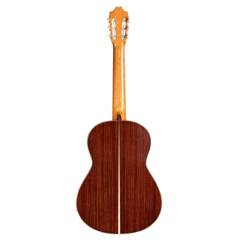 The back of a 2007 Antonio Raya Ferrer classical guitar made of cedar and Indian rosewood