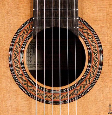 This is the rosette of a 2020 Gerundino Fernandez Hijo &quot;Negra&quot; flamenco guitar made with exotic ebony and cedar presented