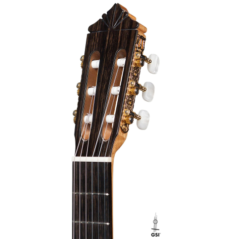 This is the headstock and machine heads of a 2020 Gerundino Fernandez Hijo "Negra" flamenco guitar made with exotic ebony and cedar presented