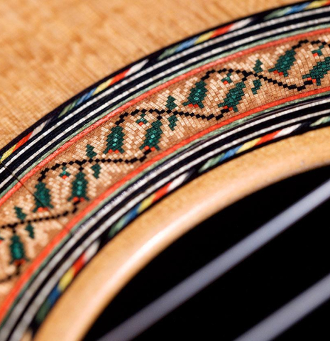 This is the rosette of a 2020 Gerundino Fernandez Hijo "Negra" flamenco guitar made with exotic ebony and cedar.