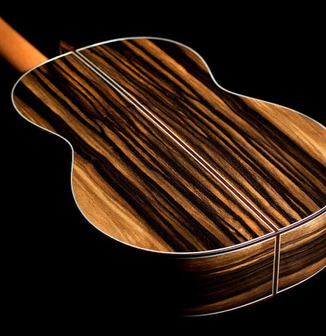 This is the back and sides of a 2020 Gerundino Fernandez Hijo &quot;Negra&quot; flamenco guitar made with exotic ebony and cedar.