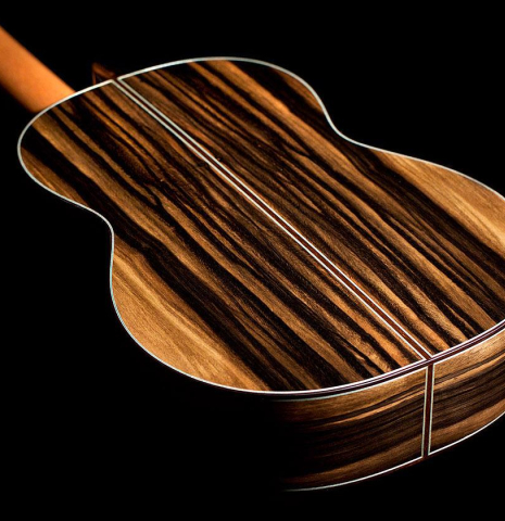 This is the back and sides of a 2020 Gerundino Fernandez Hijo "Negra" flamenco guitar made with exotic ebony and cedar.