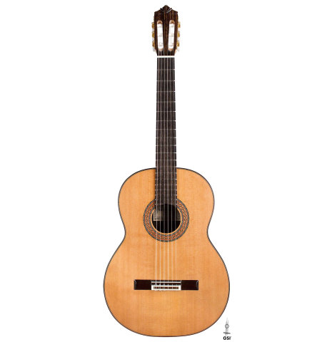 This is the front of a 2020 Gerundino Fernandez Hijo "Negra" flamenco guitar made with exotic ebony and cedar presented