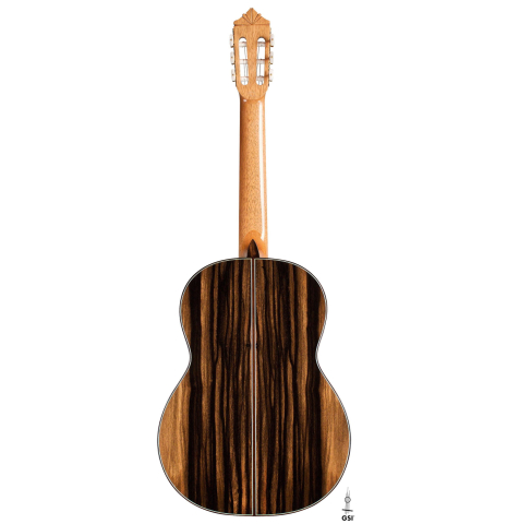 This is the back of a 2020 Gerundino Fernandez Hijo "Negra" flamenco guitar made with exotic ebony and cedar presented
