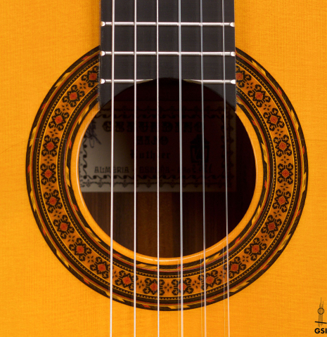 The rosette of a 2021 Gerundino Fernandez Hijo &quot;Negra&quot; flamenco guitar made with spruce and pau ferro