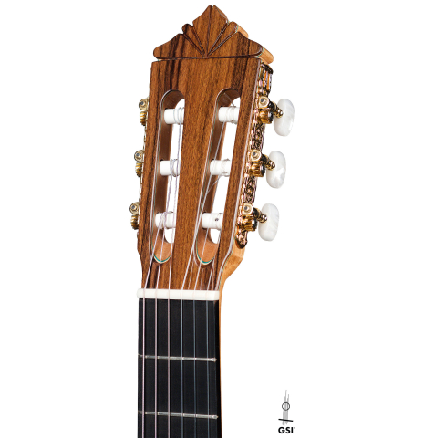 The headstock of a 2021 Gerundino Fernandez Hijo &quot;Negra&quot; flamenco guitar made with spruce and pau ferro on a white background