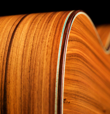 The side and back of a 2021 Gerundino Fernandez Hijo &quot;Negra&quot; flamenco guitar made with spruce and pau ferro