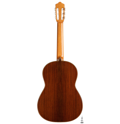 The back of a 2022 Juan Garcia Fernandez classical guitar made with spruce top and cocobolo back and sides