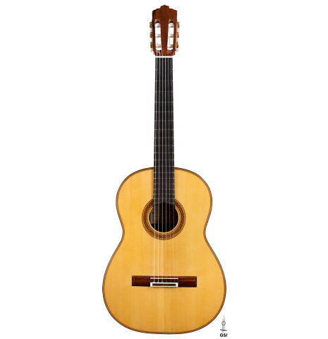 The front of a 2022 Juan Garcia Fernandez classical guitar made with spruce top and cocobolo back and sides